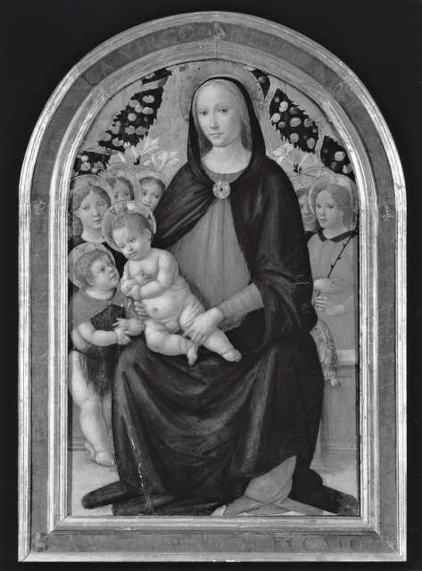 Anonimo — Maestro di Marradi - sec. XV/ XVI - Madonna con Bambino, san Giovannino e angeli — insieme